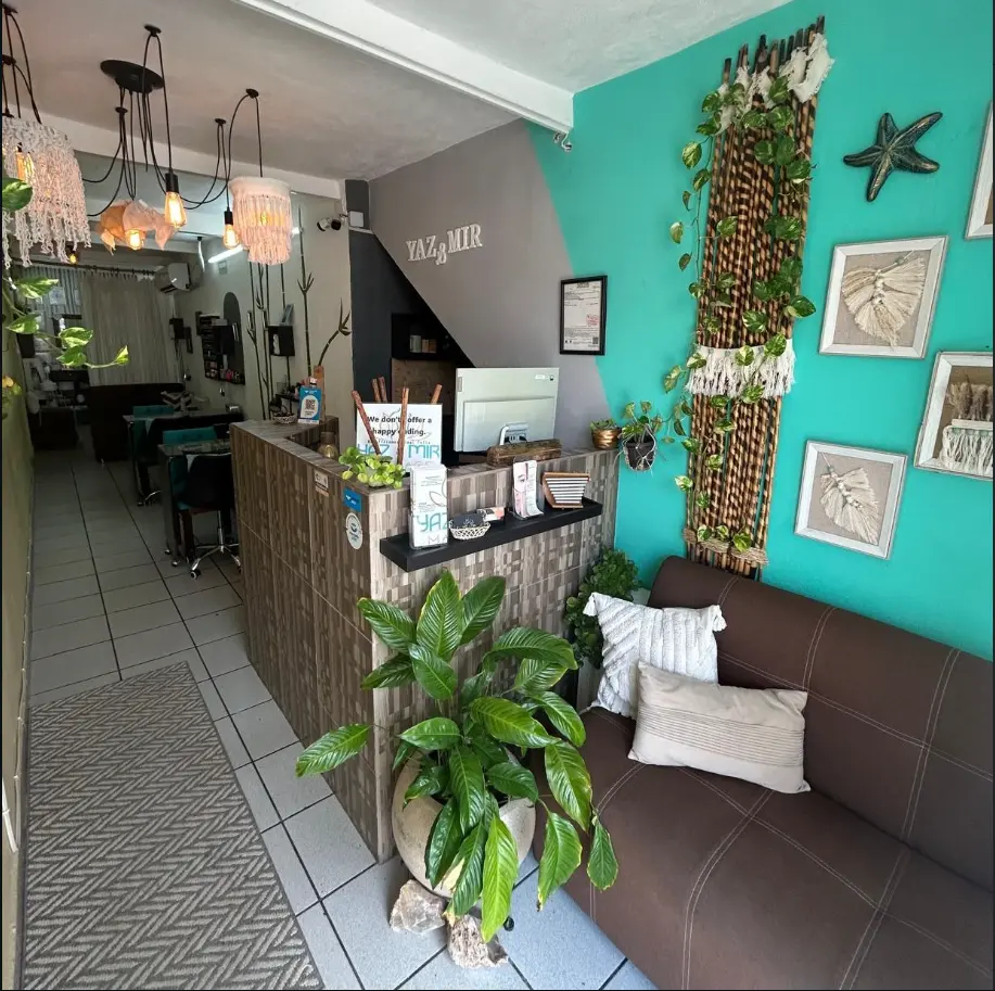 Recepción con pared turquesa y plantas
